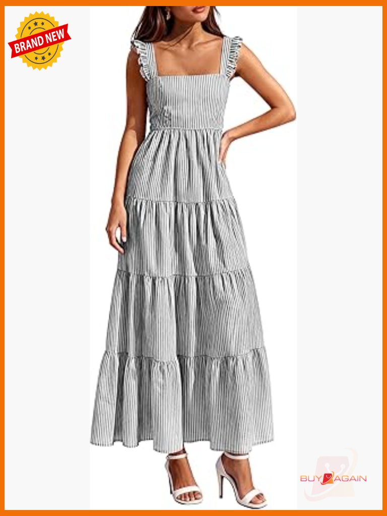 Striped Square Neck Sleeveless Maxi Dress With Pockets Boho Flowy Summer